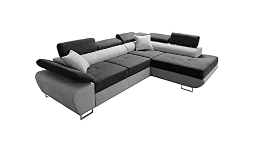 Robin Saturn Premium Ecksofa Schlaffunktion Bettkasten Verstellbare Kopfstützen Kissen Sofa L-Form Schlafsofa Freistehende Eckcouch Schlafcouch Wohnzimmermöbel Wohnlandschaft Rechts Schwarz Silber von Robin