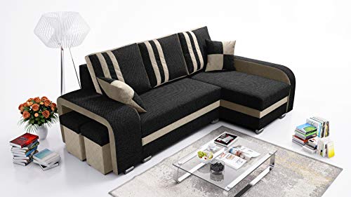 Robin York Ecksofa mit Schlaffunktion 2X Bettkasten 2X Kleine Kissen 2X Hocker Sofa L-Form Schlafsofa Freistehende Eckcouch Schlafcouch Wohnzimmermöbel Wohnlandschaft Rechts Schwarz Beige von Robin