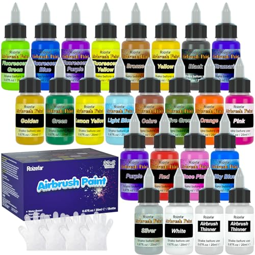 Roizefar Airbrush Farben Set, Airbrush Paint Set 22 Acrylfarben+ 2 Airbrush Verdünner Kombinat Airbrush-Set für DIY, Aquarell, Ölmalerei usw. Schnelltrocknend, undurchsichtig Neon Farbe 20 ml/Dose von Roizefar