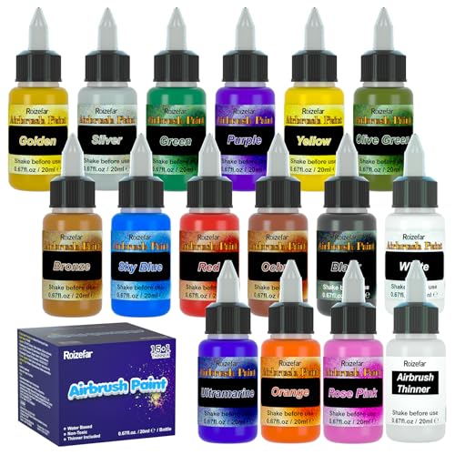 Roizefar Airbrushfarbe, 15 Acrylfarben + 1 Airbrush-Verdünner, Airbrush-Set für DIY-Projekte, Anfänger, Farbe auf Wasserbasis, deckende & Neonfarben, 20ml/Flasche von Roizefar