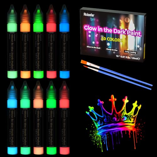 Roizefar Nachtleuchtende Farben 10×20ml, 3D Wasserfest Textilfarbe Farbe, glow in the dark Farben, Fluoreszierende Farbe DIY Stofffarben Klebestift für Kindermalerei, Leinwand Textil von Roizefar