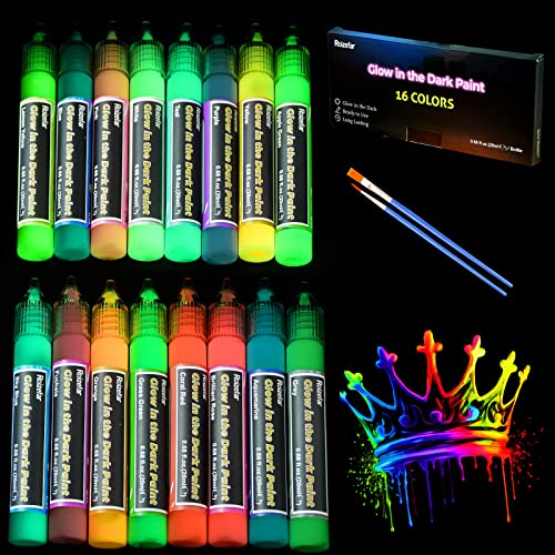 Roizefar Nachtleuchtende Farben 16×20ml, 3D Wasserfest Textilfarbe Farbe, glow in the dark Farben, Fluoreszierende Farbe DIY Stofffarben Klebestift für Kindermalerei, Leinwand Textil von Roizefar