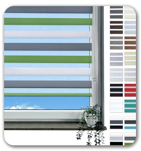 Rollmayer Doppelrollo Klemmfix ohne Bohren Klemmrollo Fensterrollo Duo Rollo Sonnenschutzrollo Zebrarollo Seitenzugrollo für Fenster und Tür (Weiß Grau Grün - 130 x 150 cm - BxH) von Rollmayer