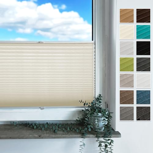 Rollmayer Plissee mit Bohren, Plisseerollo Faltrollo Sichtschutz und Sonnenschutz für Fenster und Tür (Binco Creme,B95cm x H100cm) von Rollmayer