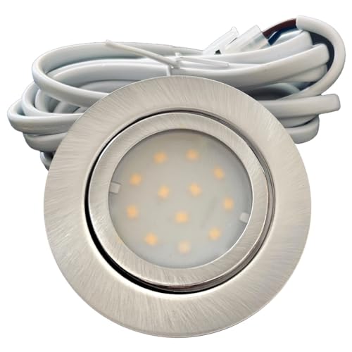 Rolux IP44 Möbel Einbauleuchte Leni 12V flach 1 x 2,4W LED-Einbaustrahler 55mm Lochausschnitt 200lm Edelstahl geb. inkl. Kabel mit AMP Stecker 3000K Warmweiß von Rolux