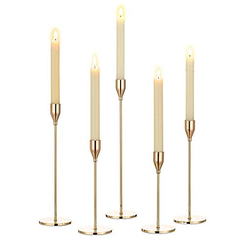 Romadedi Gold Kerzenständer Kerzenhalter für Stabkerze Kerzen 5er Set Hoch Metall Vintage Kerzen Ständer für Hochzeit Party Weihnachten Esstisch Tischdeko Modern Deko Wohnzimmer 34/29/25/22/19cm von Romadedi