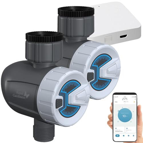 Royal Gardineer Gateway, Bluetooth: 2 smarte programmierbare Bewässerungscomputer mit WLAN-Gateway & App (Bewässerungscomputer Bluetooth, WLAN-Gateway mit Bluetooth, Gartenschlauch) von Royal Gardineer