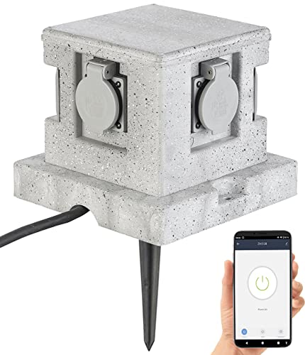 Royal Gardineer Steckdosenstein: 4-fach-WLAN-Garten-Steckdose, App, Sprachbefehl, 16 A, 3.680 W, IP44 (Gartensteckdose WLAN, Outdoor WLAN Steckdose, Weihnachtsbeleuchtung) von Royal Gardineer