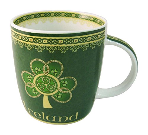 Irland-Tasse mit Kleeblatt, Spirale und grün-gelbem, keltischem Muster von Royal Tara