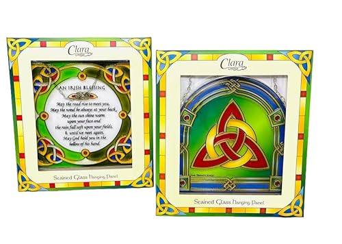 Royal Tara Buntglas-Set mit 2 Dreifaltigkeitsknoten, zum Aufhängen, irischer Segen, quadratischer Sonnenfänger, Schild, handgefertigt, Kleeblatt, Dekoration, Geburtstagsgeschenk, Einweihungsgeschenk von Royal Tara