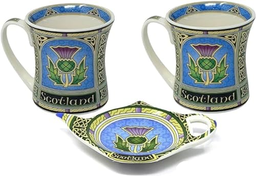 Royal Tara Set mit 1 schottischen Teebeutelhalter mit Distel und 2 Tassen mit Distel aus feinem Porzellan, schottisches Porzellan von Royal Tara