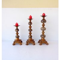 3 Vintage Kerzenhalter, in Blattgold Und Onyx Holz. Das Große Der Höhe Misst 36cm, Das Mittlere 32cm, Kleine 24cm, Gesamtgewicht 3380Gr von RoyalVintageItalia