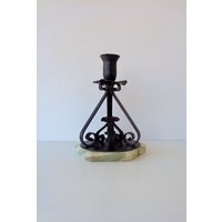 Antiker Kerzenhalter, Aus Schmiedeeisen Auf Onyx Sockel, Handarbeit, Höhe 25cm, Gewicht 2075G von RoyalVintageItalia