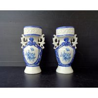 Paar Bassano Keramik, Vasen Sammlung, Handbemalt, Höhe 20cm, Breite 12cm, Gewicht Für Eine 443Gr von RoyalVintageItalia
