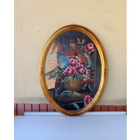 Vintage Italien Ölgemälde Auf Leinwand „Blumen Im Schönen Rahmen Gerahmt, Wandbehang Decor Mit Glas, Höhe 80 cm von RoyalVintageItalia