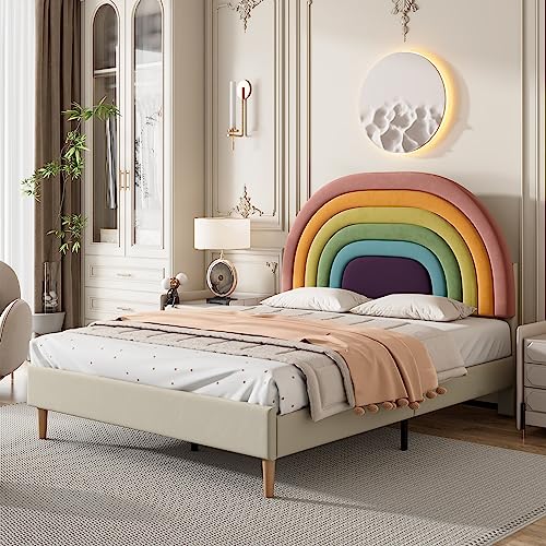 Rtopsu Polsterbett Doppelbett 140×200 cm, Bett mit Regenbogen Kopfteil, Bettgestell mit Lattenrost aus Holz, Höhenverstellbares Kopfteil, Samt, Beige (Ohne Matratze) von Rtopsu