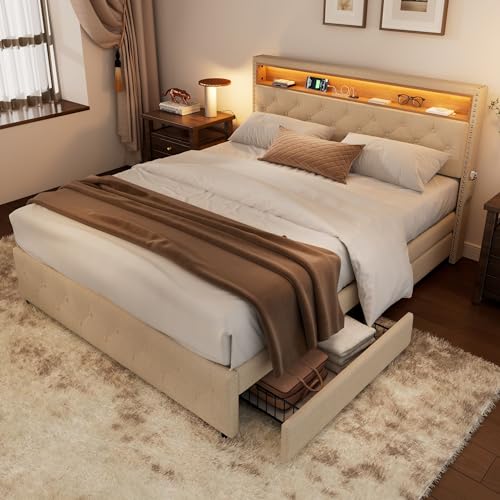 Rtopsu Polsterbett Doppelbett 140x200 cm mit LED-Beleuchtung und USB-Kopfteil, Bett mit 4 Stauraum Schubladen und Kopfteil, Bettgestell mit Lattenrost und Metallrahmen, Leinen, Beige, Ohne Matratze von Rtopsu