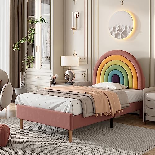 Rtopsu Polsterbett Einzelbett 90×200 cm, Kinderbett Jugendbett mit Regenbogen Kopfteil, Bett mit Lattenrost aus Holz, Höhenverstellbares Kopfteil, Samt, Rosa (Ohne Matratze) von Rtopsu