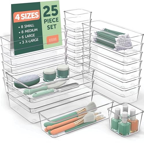 Ruboxa Transparenter Schubladen-Organizer – 25 Stück, transparente Kunststoff-Schubladen-Organizer für Zuhause, Organisation und Aufbewahrung, Küche, Waschtisch und Büro von Ruboxa