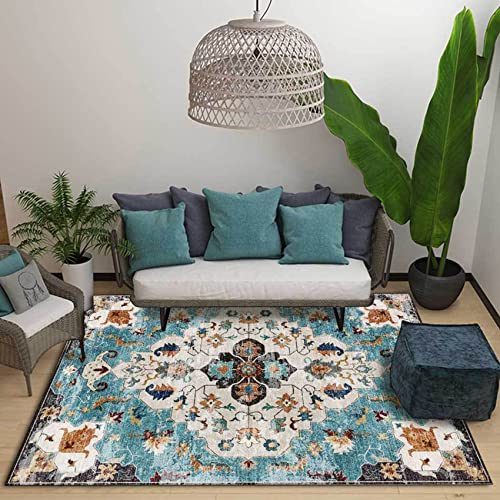 Kurzflor Teppich，Vintage floral Pattern,80 x 150 cm，Teppiche Modern Wohnzimmerteppich Wohnzimmer Teppich Flur Korridor，rutschfeste Waschbar,Blue von Rug-QJDDUP