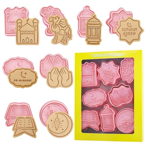 Ruikdly Ramadan Keksausstecher 8 Stück Eid Mubarak Ausstechformen Rosa Karikatur Ausstechformen Set Diy Fondant Plätzchenausstecher Drückbare Eid Element Keksstempel für Küchengeschirr von Ruikdly