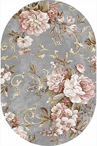 Rururug Teppich Wohnzimmer Moderner Designer Großer Teppich Ovaler Teppich grau mit rosa Blumen für Schlafzimmer Küchenstuhl Matte Kinderzimmer 140 x 200 cm von Rururug