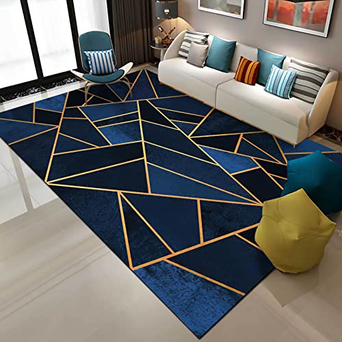 Rururug Wohnzimmer Teppich Kurzflor Modern rutschfest Waschbarer Wohnzimmerteppich Schlafzimmer Esszimmer Teppich dunkelblau Gold geometrisch 160 x 280 cm von Rururug