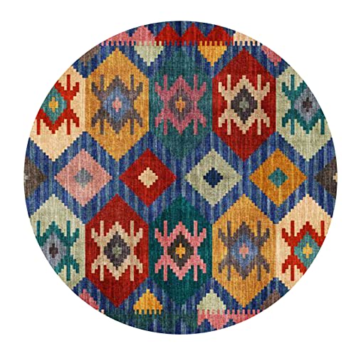 Teppich Rund für Küchen Frühstücksecke Wohnzimmer Schlafzimmer Weicher Kurzflor Anti-Rutsch waschbar Modernes Design,Gelb, rot, blau, grün, Retro nähend,Round ø100cm von Rururug