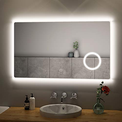 S'AFIELINA Badspiegel mit Beleuchtung 100x60cm LED Badspiegel mit Touch-Schalter Badezimmerspiegel Kaltweiß Licht 6500K Wandspiegel mit 3-Fach Vergrößerung von S'AFIELINA