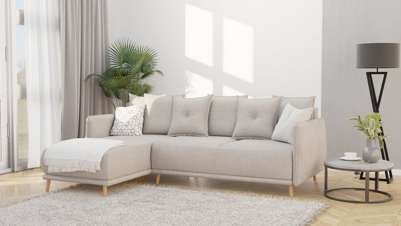 S-Style Möbel Ecksofa Lina mit Bettfunktion und Bettkasten im skandinavischen Design, Ottomane links oder rechts bestellbar, mit Wellenfederung von S-Style Möbel