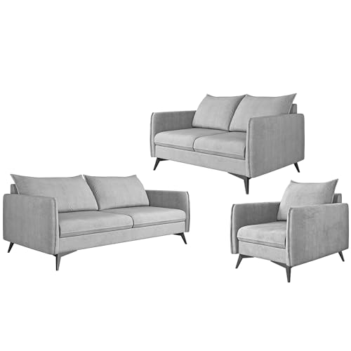 S-Style Möbel Nina Sofagarnitur 3 2 1 Polstergarnitur Couchgarnitur Couch-Set 3-Sitzer Sofa 199x91x86cm 2-Sitzer Sofa 138x91x86cm Sessel 74x91x86cm Schwarze Metallfüße Silber von S-Style Möbel