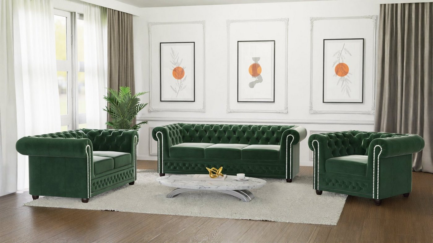 S-Style Möbel Polstergarnitur Chesterfield Lena mit Schlaffunktion 3+2+1 Samt Bezug, (3-Sitzer-Sofa, 2-Sitzer-Sofa mit Schlaffunktion, Sessel), mit Wellenfederung von S-Style Möbel