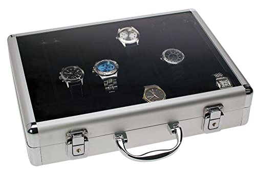 SAFE 266-3 ALU Uhrenaufbewahrungsbox Herren mit 18 Uhren-Schmuckhalter in schwarzem Samt - abschließbare Uhren Box mit Glasdeckel und abnehmbaren Uhrenkissen von SAFE