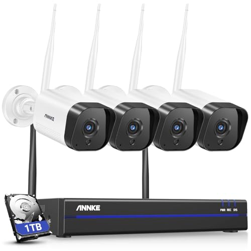 ANNKE 3MP Funk Überwachungskamera Set Aussen 8CH 5MP NVR mit 4 X 3MP WiFi Kameras Videoüberwachungs Set mit 1TB Festplatte unterstützt Audioaufzeichnung, IP66 Wetterfest, kompatibel mit Alexa von ANNKE