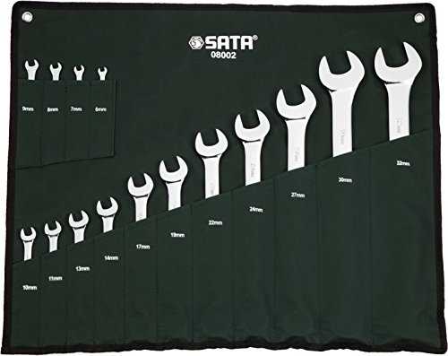 SATA ST08002SJ Ringmaulschlüssel, Gabelringschlüssel, Gabelschlüssel, Schraubenschlüssel Set metrisch 6-32 mm poliert aus CR-V-Stahl in praktischer Roll-Tasche 15 Tlg. von SATA