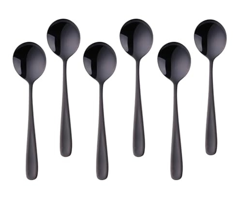 SBOMHS Esslöffel Müslilöffel 18/10 Edelstahl Suppenlöffel 6-stück Menülöffel länge 17,5CM Breit 4,5CM Tafellöffel Suppentassenlöffel für Porridge Dessertlöffel Soup Spoons (Schwarz) von SBOMHS