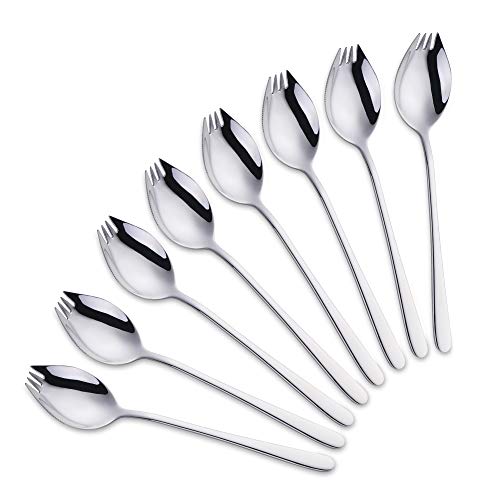 SBOMHS Titan Spork Metall Göffel Edelstahl 8 Stück 3 in 1 Gabel Löffel Messer Kombi silber wellenschliff göffel Länge 19CM to go Camping-Besteck Reise Outdoor Picknick von SBOMHS