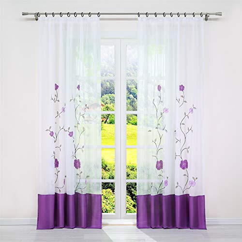 SCHOAL Gardinen mit Kräuselband Transparente Vorhänge Voile Fensterschal Bestickt Gardinenschal mit Blumen Muster BxH 140x175cm 1 Stück Violett von SCHOAL