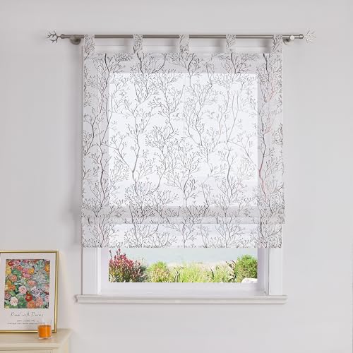 SCHOAL Raffrollo mit Schlaufen Gardine Transparent Vorhang mit Zweig Muster Raffgardinen Modern Schlaufenrollo 1 Stück BxH 120x140cm Braun von SCHOAL