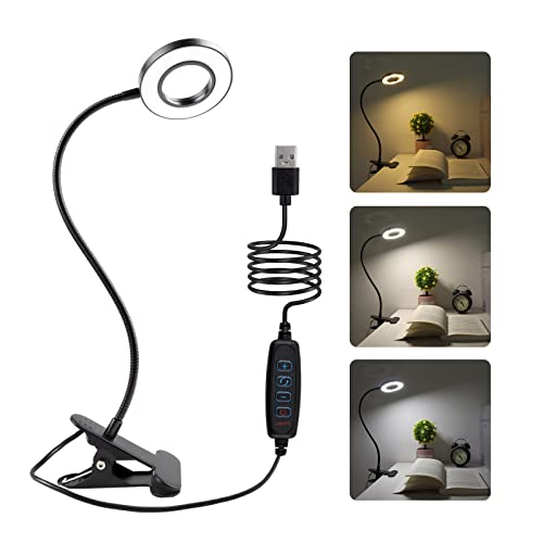 8W LED Schreibtischlampe Klemmleuchte mit USB Kabel mit Schalter, 3 Farbmodi und 10 Helligkeitsstufen, 360°Schwanenhals, für Leselampe, Bettlampe, Schminklampe, Schwarz (Adapter Nicht Enthalten) von SCNNC
