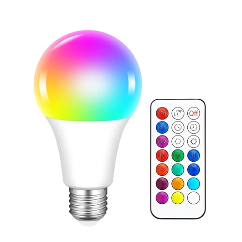 SCNNC LED E27 Farbwechsel Lampe mit Fernbedienung, 10W A70 RGB LED E27 Kaltweiß Dimmbar 12 Farben Farbige Glühbirne Farbwechsel, E27 RGB LED Birnen für Bar Party Schlafzimmer Wohnzimmer Nachtlampe von SCNNC