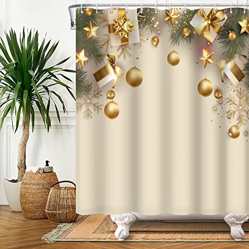 SDOTPMT 122x183cm Golden Feier Ball Duschvorhang Weihnachten Kinder Geschenk Kasten Gold Stern Schneeflocke Badevorhang Anlage Blatt Frohe Weihnachten Badewannenvorhang Polyester mit Haken von SDOTPMT