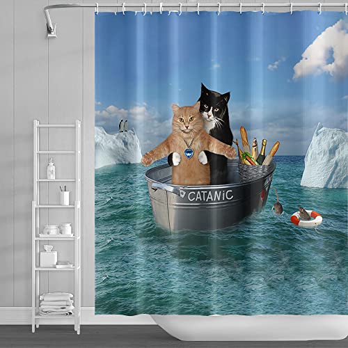 SDOTPMT 140x183cm Süß Katze Duschvorhang Komisch Haustier Kätzchen Paar Cosplay Boot Südpol Pinguin Badevorhang Blau Ozean Badewannenvorhang für Kinder Badezimmer Polyester Wasserdicht mit Haken von SDOTPMT