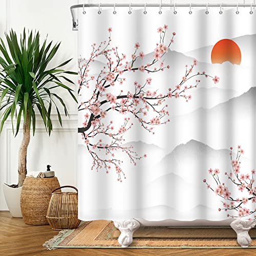 SDOTPMT 165x180cm Asiatische Kirschblüte Duschvorhang Japanische Mount Fuji Pfirsichblüte Zweig Badewanne Vorhang Sonnenaufgangsnebel Badezimmervorhang für Badezimmer Dekor Stoff von SDOTPMT