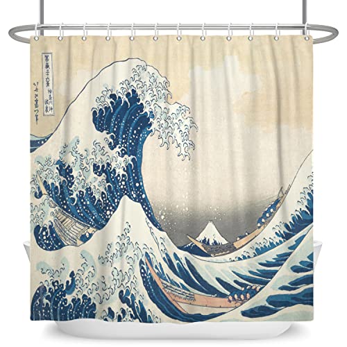 SDOTPMT 175x190cm Japanisch Ozean Wellen Duschvorhang Abstrakt Meer Welle Hölzern Boot Badevorhang Ukiyo-e Thema Fuji Berg Badewannenvorhang für Badezimmer Polyester mit Haken von SDOTPMT