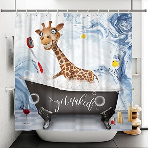 SDOTPMT 180x198cm Duschvorhang Komisch Karikatur Giraffe Duschen Süß Wild Tier Badevorhang Marmor Luxus Textur Badewannenvorhang für Badezimmer Polyester mit Haken von SDOTPMT