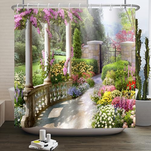 SDOTPMT 180x213cm Schöne Garten Landschaft Duschvorhang Vintage Garten Architektur Säulen Blühende Blumen Bad Vorhang 3D Duschvorhang Badezimmer Langlebig und waschbar mit Haken von SDOTPMT