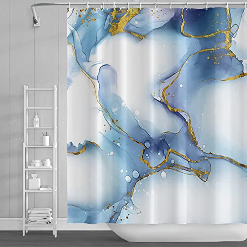 SDOTPMT 90x183cm Blau Weiß Marmor Duschvorhang Elegant Textur Golden Pulver Wirbeln Badevorhang Abstrakt Badewannenvorhang für Kinder Badezimmer Polyester Wasserdicht mit Haken von SDOTPMT