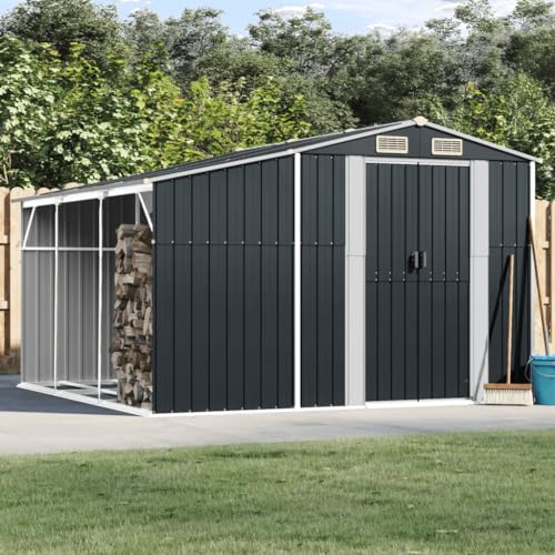 SECOLI Gerätehaus mit Holzunterstand Fahrradgarage Metall Unterstand Wetterfest Geräteschuppen Metallgerätehaus 277 x 279 x 179 cm Fahrradunterstand Anthrazit Geräteschuppen von SECOLI