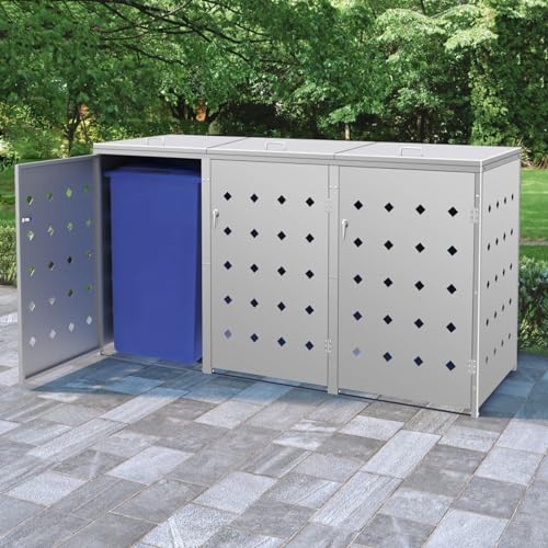 SECOLI mülltonnenbox 3 tonnen 3er mülltonnenbox mülltonnenbox 3er 240l mülltonnenbox Metall Abschließbar Edelstahl-Silber-3 Tonnen-207x77,5x115 cm von SECOLI